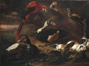 A Landscape With A Scarlet Macaw, Two Ducks, A Hedgehog, Three Guinea Pigs, A Crab And Other Birds Near A Stream by Jaques van de Kerckhove