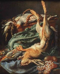 A Hare, A Partridge In A Basket And Other Game Together With A Cauliflower, Grapes And Lemons, All On A Draped Table