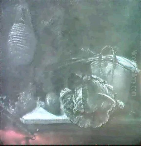A Cabbage, An Onion, Grapes And A Basket Of Vegetables On A Stone Ledge, With A Wine Flask Hanging From A Hook Abov - view 1