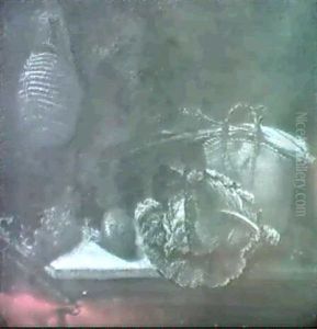 A Cabbage, An Onion, Grapes And A Basket Of Vegetables On A Stone Ledge, With A Wine Flask Hanging From A Hook Abov A Cabbage, An Onion, Grapes And A Basket Of Vegetables On A Stone Ledge, With A Wine Flask Hanging From A Hook Abov