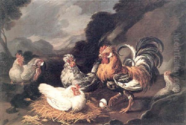 Roosters, Chickens And A Turkey In A Landscape - view 1