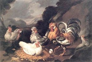 Roosters, Chickens And A Turkey In A Landscape