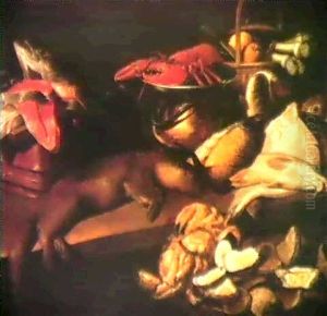 Nature Morte A La Loutre, Crabe, Homard, Poissons,          Huites Et Legumes