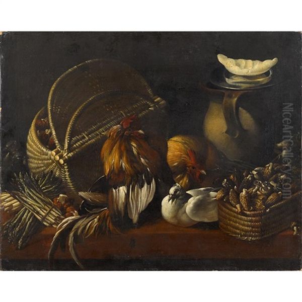 Roosters With Baskets And Earthenware Vessel - view 1
