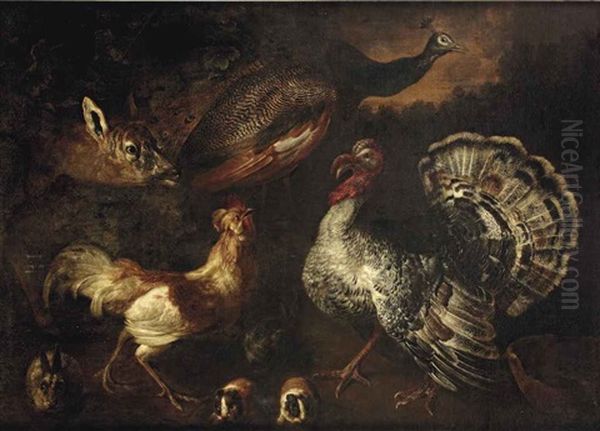 A Wooded Landscape With A Dear, A Peacock, A Turkey And A Cockerel With Rabbits And Guinea-pigs - view 1