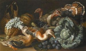 A Still Life Of Ducks, Turkeys, Melons, Figs, Grapes And A Cabbage On A Stone Ledge