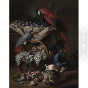 Still Life With Two Parrots, A Guinea Pig, A Basket Of Fruit And Fowl