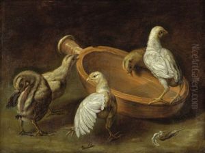 Zwei Huhner Und Drei Kuken An Einem Futternapf by Jacob van der (Giacomo da Castello) Kerckhoven