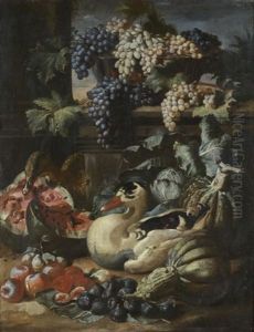 Canards Au Milieu De Pasteques, Pommes, Figues Et Panier De Raisins (+ Crustaces, Panier De Poissons Et Cornet De Fraises Disposes Sur Un Entablement; Pair) Canards Au Milieu De Pasteques, Pommes, Figues Et Panier De Raisins (+ Crustaces, Panier De Poissons Et Cornet De Fraises Disposes Sur Un Entablement; Pair)
