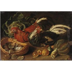 Natura Morta Con Due Galline, Frutta, Verdura E Un Cesto Di Vongole by Jacob van der (Giacomo da Castello) Kerckhoven