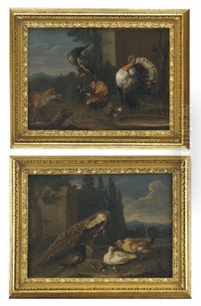 A Peacock, A Peahen, A Hen And A Cockerel With Chicks (+ A Turkey, A Cockerel And A Peacock Near A Water Tray With A Fox; Pair) - view 1