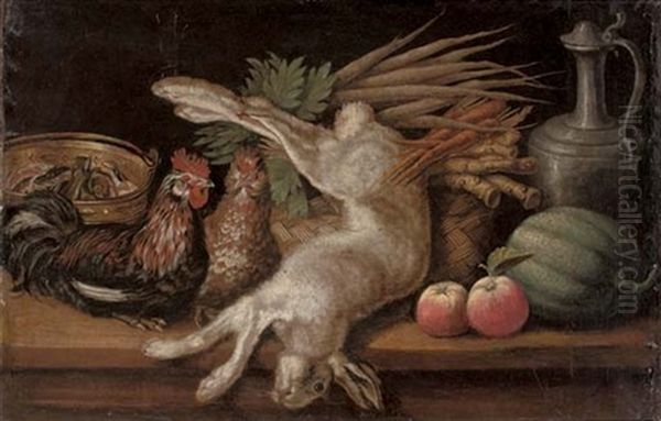 A Hare, Two Hens, Apples, A Melon, Carrots And Turnips In A Woven Basket And A Bucket Of Fish On A Table - view 1
