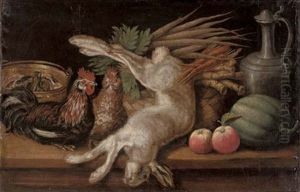 A Hare, Two Hens, Apples, A Melon, Carrots And Turnips In A Woven Basket And A Bucket Of Fish On A Table by Jacob van der (Giacomo da Castello) Kerckhoven