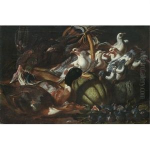 A Still Life With Ducks, Pigeons, A Dead Turkey, Figs And Melons by Jacob van der (Giacomo da Castello) Kerckhoven