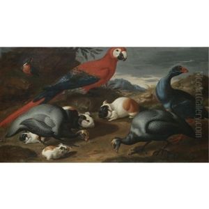 A Still Life With Guinea Pigs, A Parrot And Other Exotic Birds by Jacob van der (Giacomo da Castello) Kerckhoven