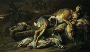 Volatile, Un Papagallo E Porcellini D'india In Un Paese (+ Natura Morta Di Caccia; Pair)