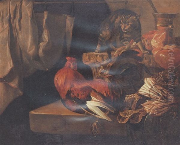 Still Life With Meat And Vegetables On A Ledge, With A Cat And A Cockerel - view 1