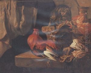 Still Life With Meat And Vegetables On A Ledge, With A Cat And A Cockerel by Jacob van der (Giacomo da Castello) Kerckhoven