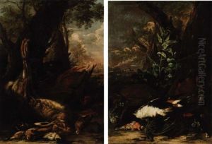 A Still Life With A Duck, Nightingales And A Finch In A Landscape