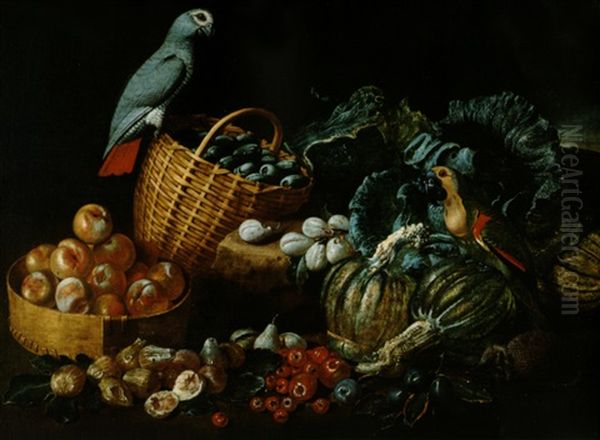 Natura Morta Con Frutta, Verdura E Due Papagalli - view 1