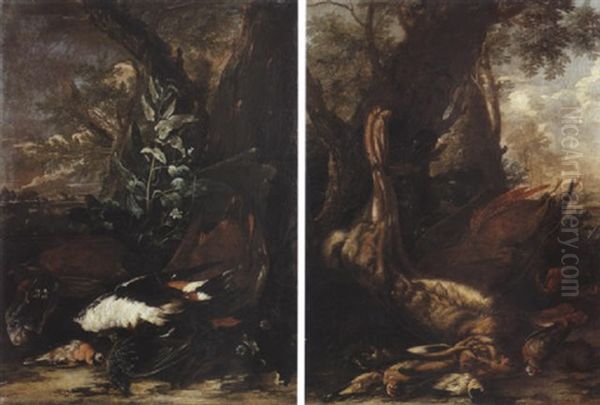 Nature Morte Aux Canards Sauvages, Huppes Et Etourneaux Sur Fond De Paysage - view 1