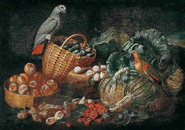 Still Life With Parrots, Pumpkins, Tomatoes, Figs, Peaches And Plums In A Basket - view 1