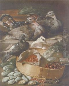 Turkeys And Pigeons With Cherries, Wild Strawberries And Squash In A Basket, With Almonds, Gherkins And Other Vegetables by Jacob van der (Giacomo da Castello) Kerckhoven