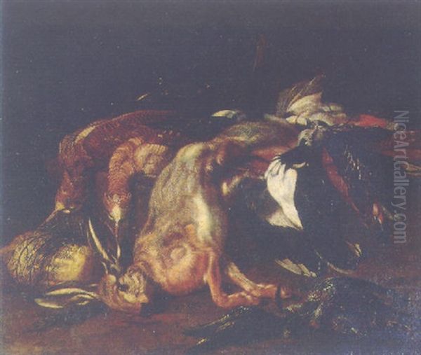 A Dead Hare And A Dead Snipe With Other Game On A Rock In A Landscape - view 1