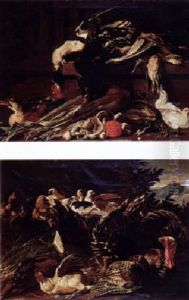 A Dead Cockerel, A Snipe And Other Birds On A Ledge With Funghi And Vegetables by Jacob van der (Giacomo da Castello) Kerckhoven