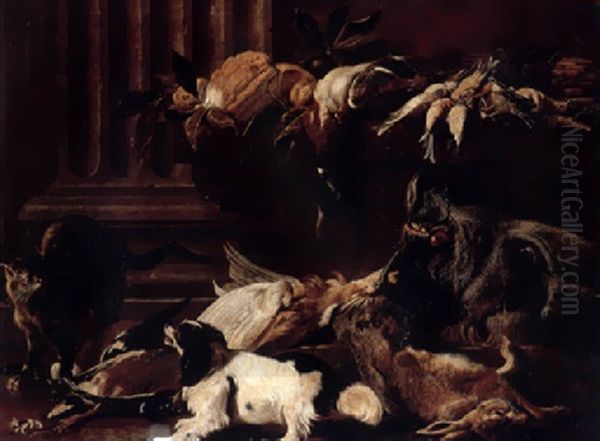 A Boar`s Head, A Dead Hare, A Mallard And Songbirds With A Cat And King Charles Spaniel By A Pilaster - view 1