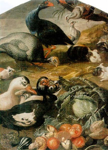 Ducks, Guinea Fowl, Pigeons, Guinea Pigs, Mushrooms, Sweet Corn And Other Vegetables In A Landscape Setting - view 1