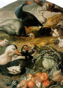 Ducks, Guinea Fowl, Pigeons, Guinea Pigs, Mushrooms, Sweet Corn And Other Vegetables In A Landscape Setting by Jacob van der (Giacomo da Castello) Kerckhoven