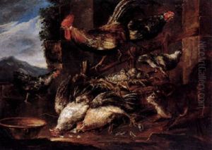Cockerells On A Fence, Watching A Nest Of Chickens On A Yard by Jacob van der (Giacomo da Castello) Kerckhoven