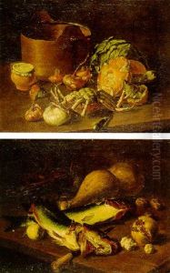 A Crab, Onions, A Covered Pot, A Copper Pan, A Cabbage, Mushrooms And A Knife On A Table by Jacob van der (Giacomo da Castello) Kerckhoven
