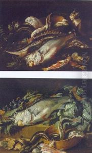 A Perch, Eels In A Wooden Bowl, Red Mullet, Oysters, Scallops, Figs In A Basket And A Cabbage On Steps