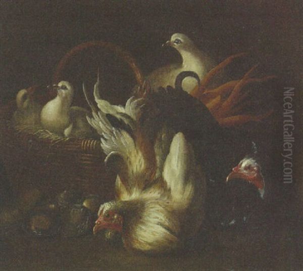Two Chickens, Doves In A Basket And Oysters - view 1