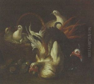 Two Chickens, Doves In A Basket And Oysters by Jacob van der (Giacomo da Castello) Kerckhoven