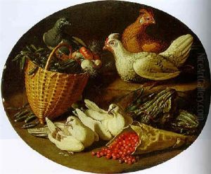 Chickens, Doves, A Pigeon, A Wicker Basket Of Onions And Other Food On A Bank