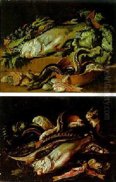 A Perch, Eels In A Bowl, Red Mullet, Oysters, Figs In A Basket, And Cabbage On Steps - view 1