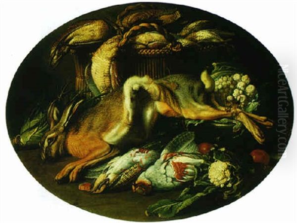 Still Life Of Hare, Gamebirds In A Basket And Vegetables - view 1