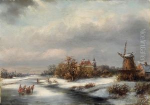 Winterliche Kanallandschaft In Holland by Ludwig Kergel