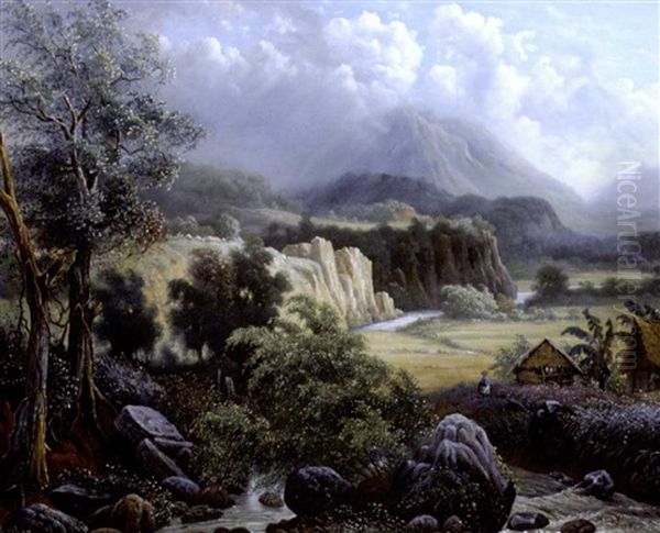 Changing Weather Conditions: A View Of The River Brantas Meandering Through The Highlands Near Batu, Java, With The Gunung Bromo And The Gunung Semeru In The Distance - view 1