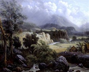 Changing Weather Conditions: A View Of The River Brantas Meandering Through The Highlands Near Batu, Java, With The Gunung Bromo And The Gunung Semeru In The Distance