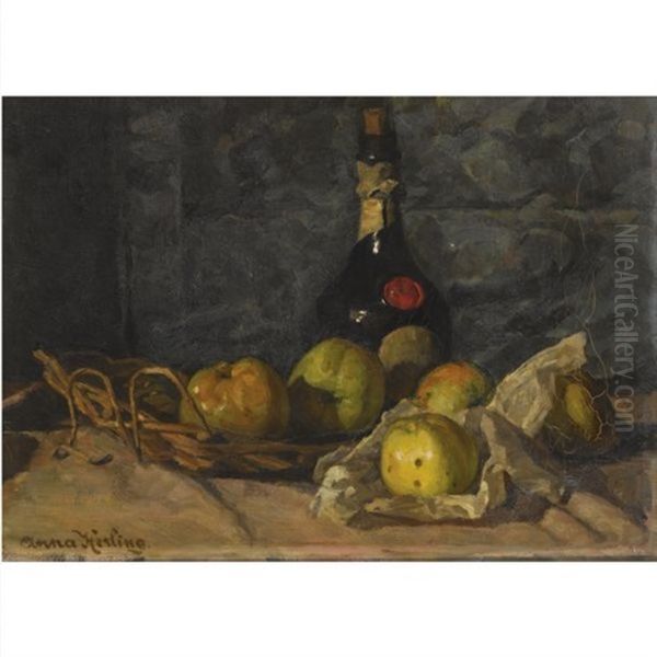 A Still Life With A Bottle And Fruit In A Basket - view 1