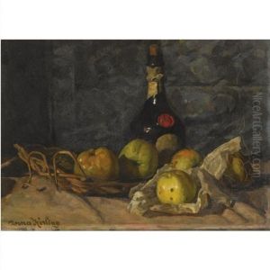 A Still Life With A Bottle And Fruit In A Basket by Anna E. Kerling