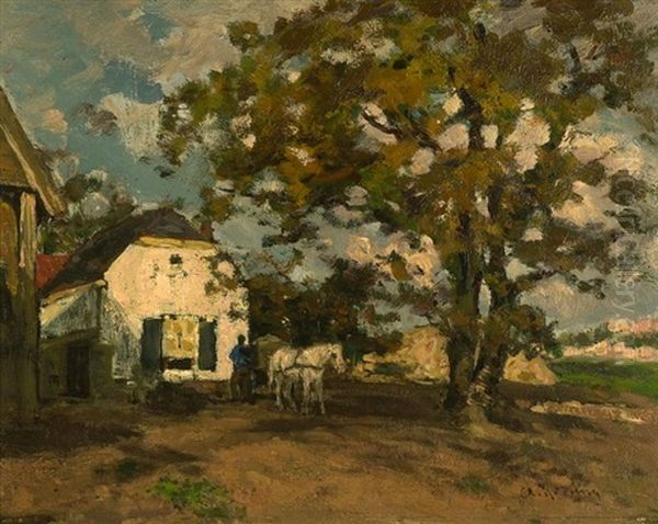 Farmer And Horse In Front Of A Farm - view 1