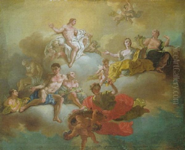 Apoll, Venus, Amor, Bacchus, Flora Und Andere Gestalten Der Antiken Mythologie, Auf Wolken Thronend - view 1