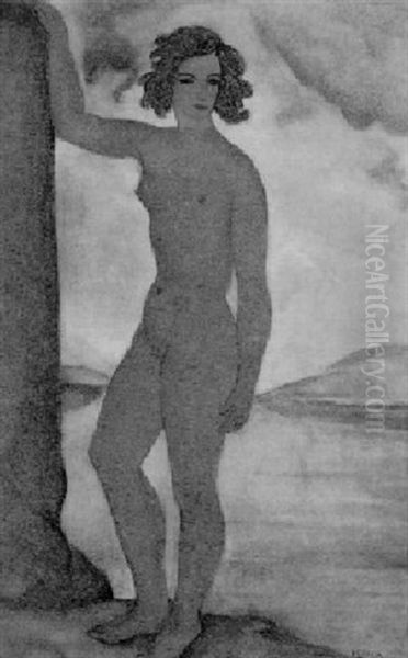 Stehender Weiblicher Akt In Landschaft - view 1