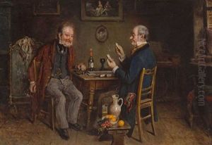 Zwei Dominospieler In Gemutlichem Interieur by Hermann Kern