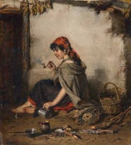 Sitzendes Zigeunermadchen Mit Pfeife by Hermann Kern